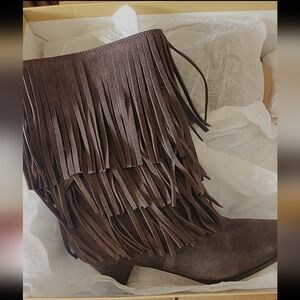 MICHAEL KORS Boots Fringed Brown Ankle Kitten Heel Suede